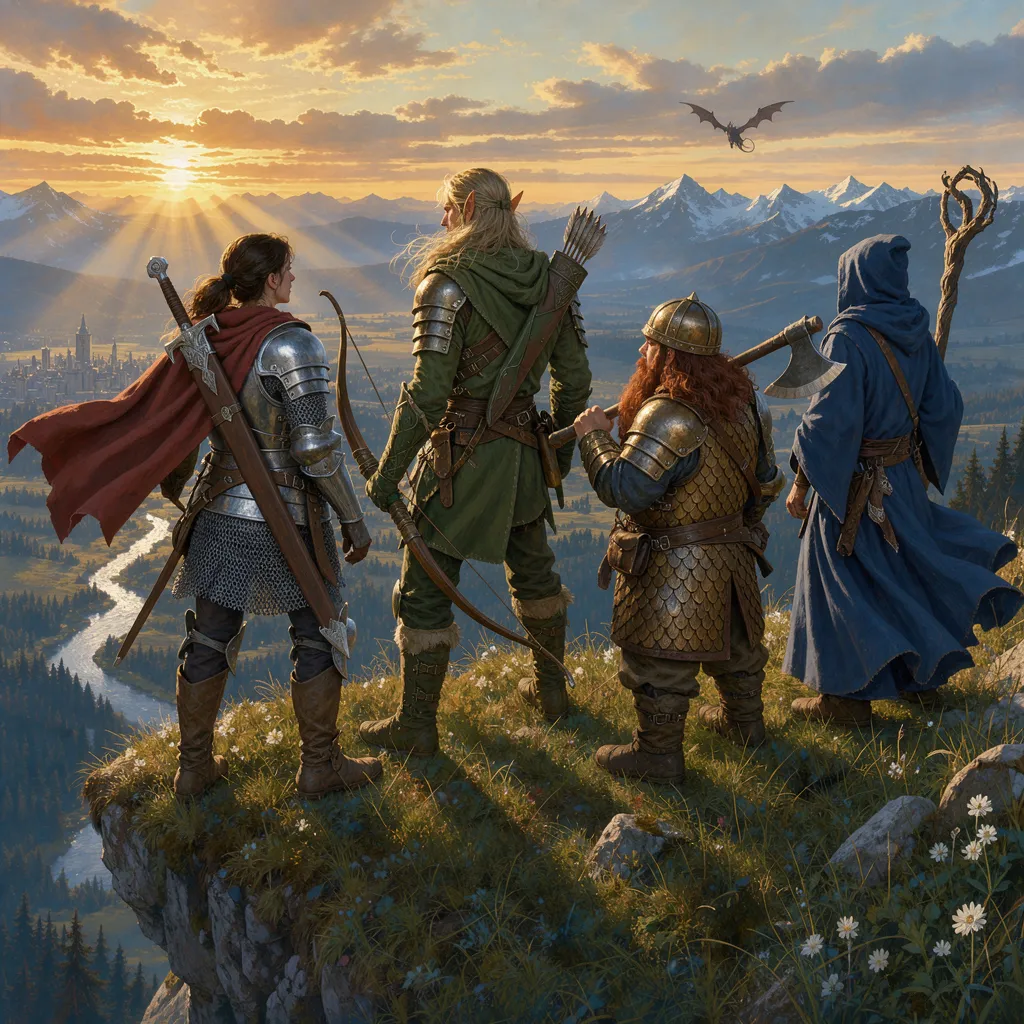 A party of adventurers on a cliff at sunrise, looking out over a fantasy valley